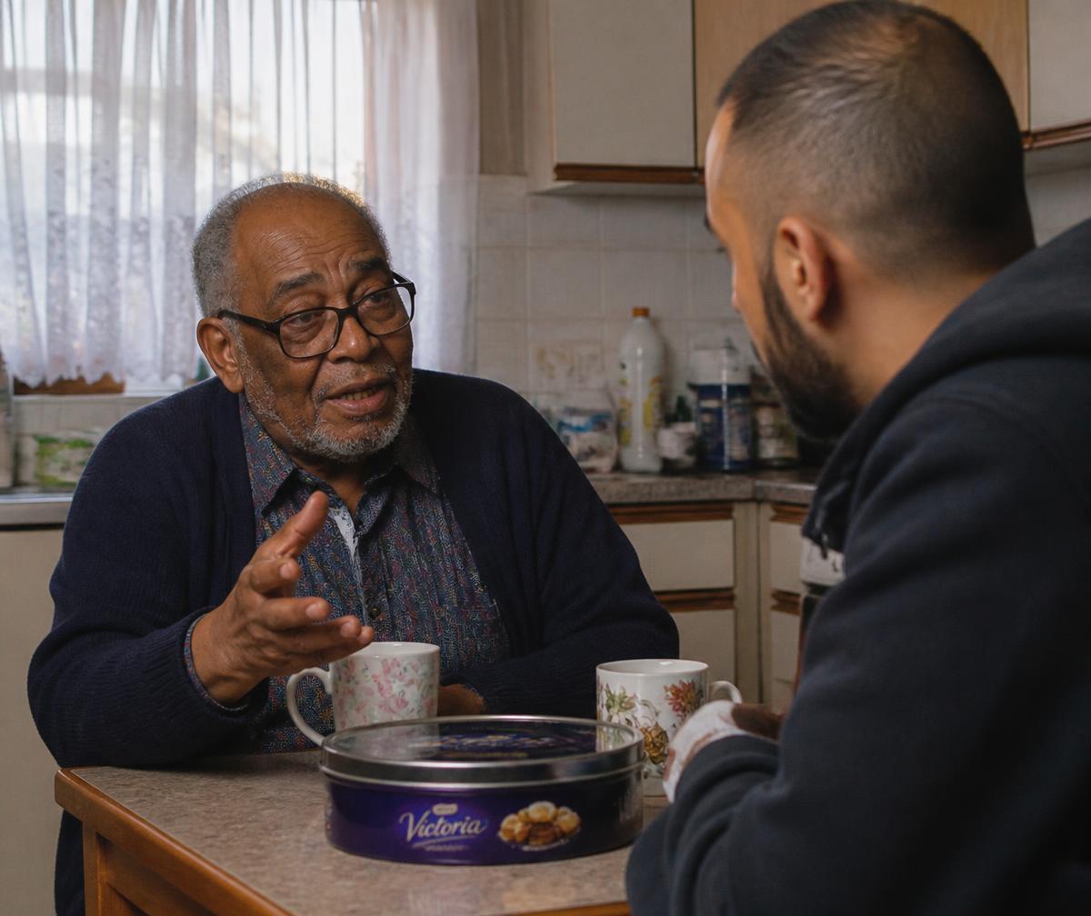 An older man and his companion talking together over tea in a bright kitchen