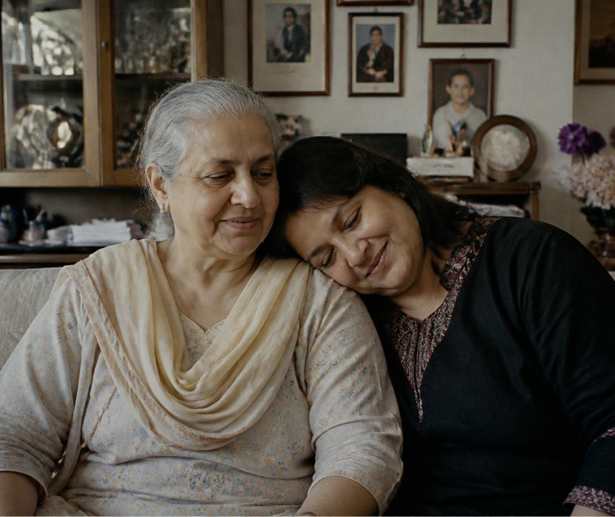 An adult daughter sitting beside her elderly mother at home, both smiling