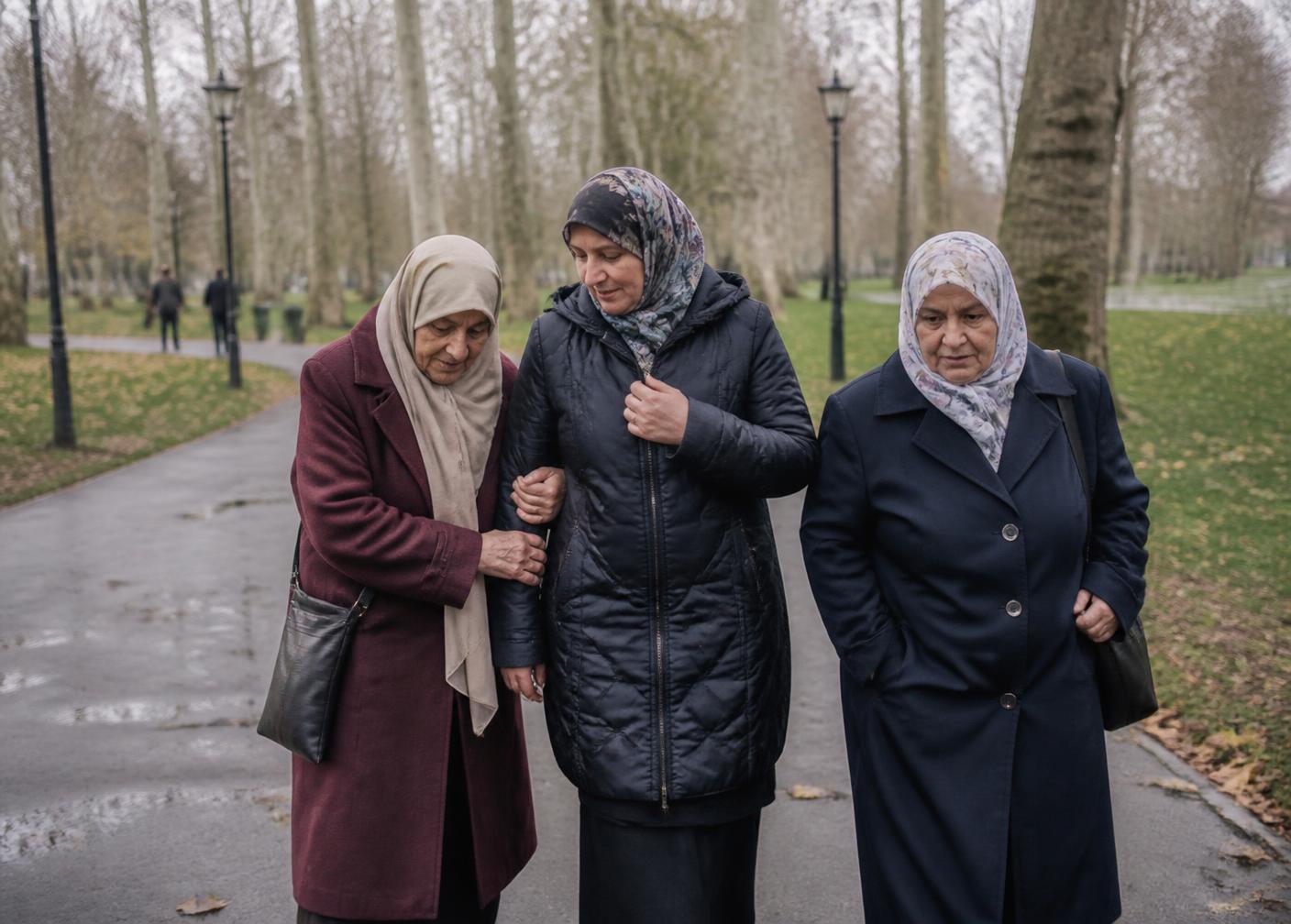 Two older women in hijabs walking arm in arm through a London park